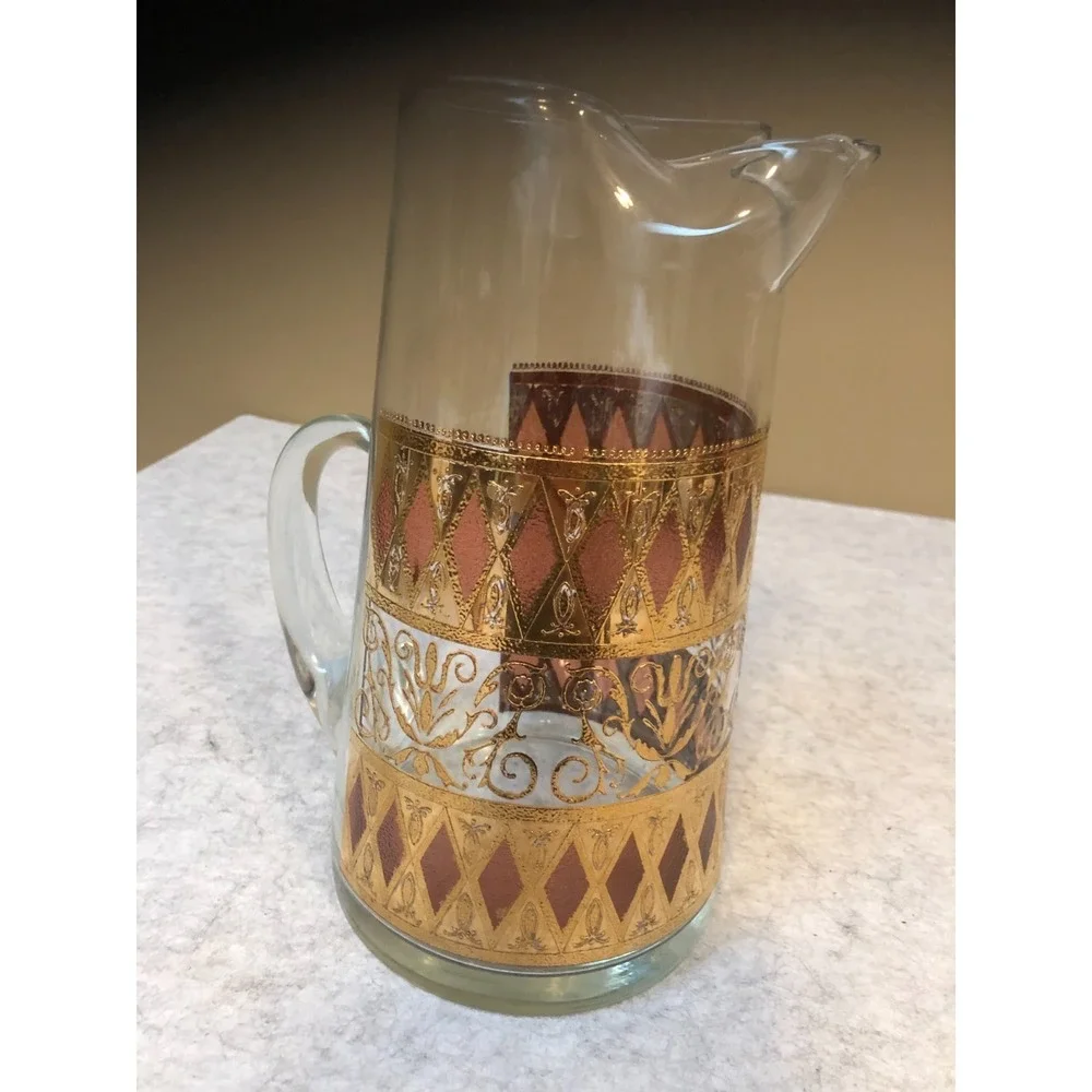 Vintage West Virginia Glass Co Rainier Pitcher 22K Gold Cranberry Diamond MCM